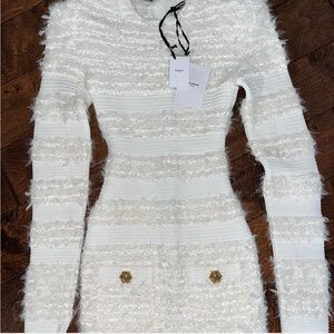 Balmain White Textured Long Sleeve Dress